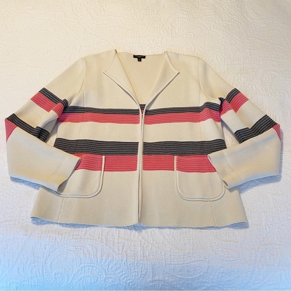 Talbots Stripe V Neck Ivory Pink and Black Jacket Cardigan - Large Petite - Picture 10 of 11